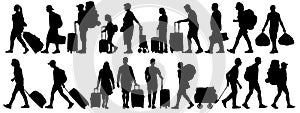 Crowd of people tourists. People with suitcases bags and backpacks. Migration of people. Vector silhouette isolated set