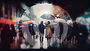 Crowd of people under colored umbrellas on a rainy day