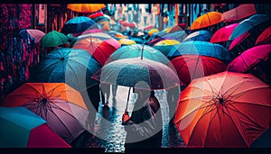 Crowd of people under colored umbrellas on a rainy day