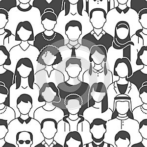 Crowd of people vector seamless pattern. Monochrome background with diverse unrecognizable business men, woman glyph