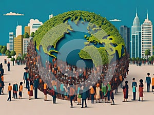 Crowd of people walking around the planet earth. World Population Day concept.