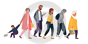 Crowd of people walking in autumn clothes. Vector illustration