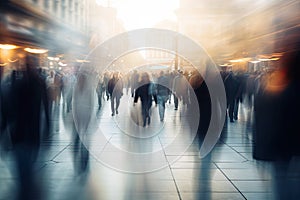 Crowd of people walking in the city. Intentional motion blur, Blurred crowd of unrecognizable at the street, AI Generated