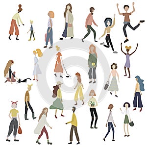 Crowd of people walking with dog, cat standing, dancing, running, shopping. Male and female characters isolated on white