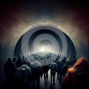 crowd of people walking in a tunnel