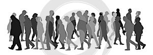 Crowd of people walking vector silhouette illustration isolated on white background. Senior tourists on vacation. Woman and man.