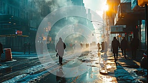 Crowd of people walking on wide city street with sunset at the background., City life, social issues concept