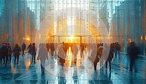 Crowd of people walking on wide city street with sunset at the background., City life, social issues concept