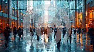 Crowd of people walking on wide city street with sunset at the background., City life, social issues concept