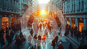 Crowd of people walking on wide city street with sunset at the background., City life, social issues concept