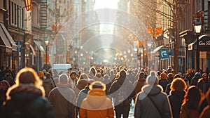 Crowd of people walking on wide city street with sunset at the background., City life, social issues concept