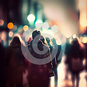 Crowd of people walking from work, sunset blurred bokeh background - AI generated image