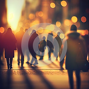 Crowd of people walking from work, sunset blurred bokeh background - AI generated image