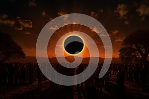 Crowd of people watching an annular solar eclipse