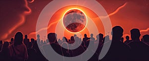 Crowd of people watching an annular solar eclipse, illustration