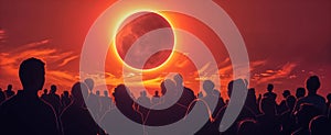 Crowd of people watching an annular solar eclipse, illustration