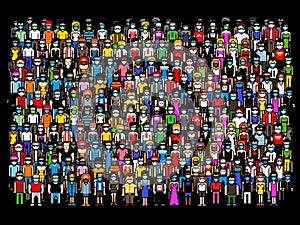 Crowd of people wearing masks - quarantine virus threat, pixel art illustration