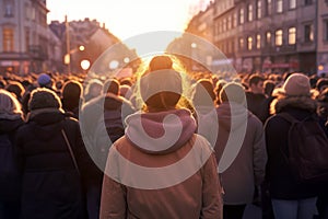 Crowd Of Protesters, Back View, Sunset, Closeup. Generative AI