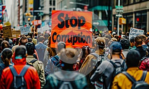 Crowd of protesters with a bold Stop Corruption sign, rallying on urban streets for political integrity, governance reform