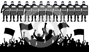 Crowd of protesters with flags against the police. Silhouette vector illustration