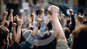 Crowd of protesting people with raised up hands, fighting for theirs rights.