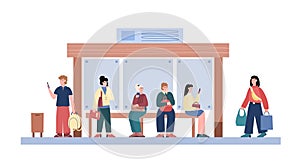 Crowd at public transport bus stop, cartoon vector illustration isolated.