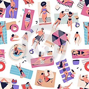 Crowd of relaxed people chilling on beach seamless pattern. Man, woman, couple and children relaxing, sunbathing