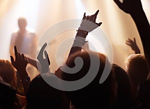 Crowd, rock and people at a concert for a band, performance and event at night. Party, celebration and group of fans at