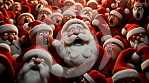 A crowd of Santa Claus look like people and screaming