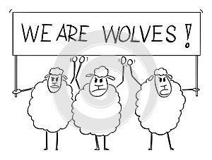 Crowd of Sheep Holding We Are Wolves Sign, Vector Cartoon Illustration