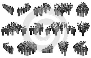 Crowd silhouettes, business people queue, group lining up. People group icons, queuing crowd, business social community or team