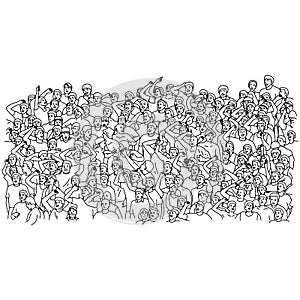 Crowd sport fans cheering their team on stadium vector illustration sketch doodle hand drawn with black lines isolated on white