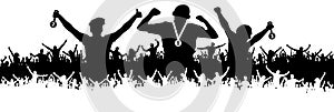 Crowd of sports fans silhouette. Ceremonies of awarding medals. Vector banner.