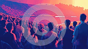 Crowd at sunset in stadium, vibrant colors, cheering fans, sporting event atmosphere photo