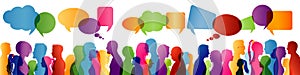 Crowd talking. Group of people talking. Communication between people. Colored profile silhouette. Speech bubble