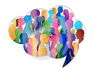 Crowd talking. Group of people talking. Communication. Speech bubble. Colored silhouette people profile in cloud shape