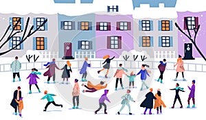 Crowd of tiny people dressed in winter clothes ice skating on rink. Men, women and children in seasonal outerwear on ice