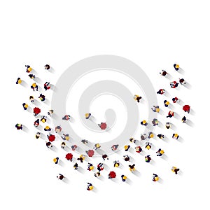 Crowd top view. People standing in half-circle and looking in one direction, business concept of social interacting