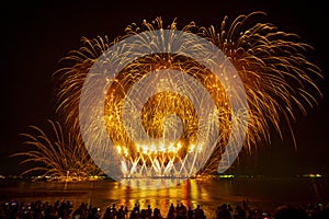 crowd tourist of Silhouette watching firework isolated display for celebration happy new year and merry christmas on black