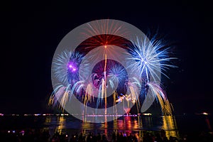 crowd tourist of Silhouette watching firework isolated display for celebration happy new year and merry christmas on black