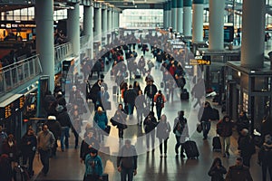 Crowd of travelers walking through an airport terminal with luggage and bags, A crowded airport terminal filled with travelers