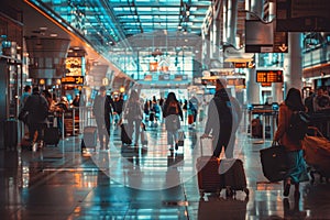 Crowd of travelers walking through a busy airport terminal, A crowded airport terminal filled with travelers hauling luggage and