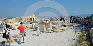 Crowd and unsafety going to Acropolis in Athens, Greece on June 16, 2017.