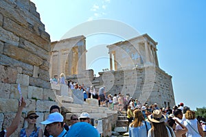 Crowd and unsafety going to Acropolis in Athens, Greece on June 16, 2017.