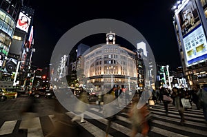 Crowd walking at Ginza street at night, tokyo