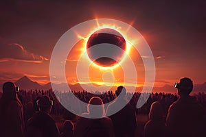 Crowd watching solar eclipse at sunset