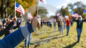 A crowd is waving American flags in a field under the sky