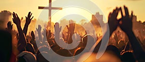 A crowd of worshippers raises their hands in spiritual unity during a Christian worship service, with a cross