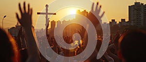 A crowd of worshippers raises their hands in spiritual unity during a Christian worship service, with a cross