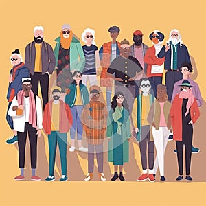 Crowd of young and elderly men and women in trendy hipster clothes.Social diversity concept. Flat cartoon illustration